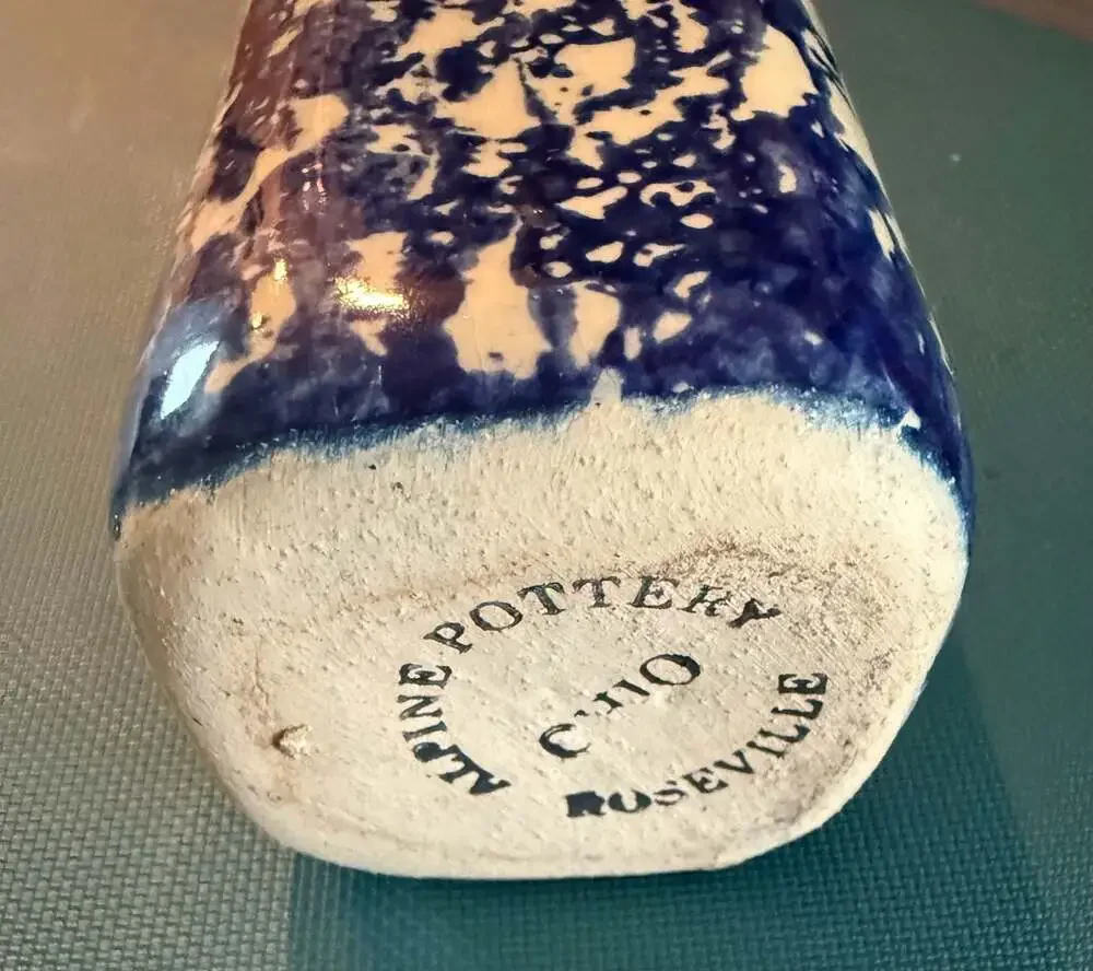 Vintage Alpine Pottery Roseville Ohio Blue Spongeware Milk Bottle Vase